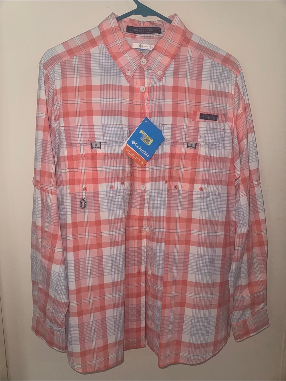 Columbia Women’s Coral and White Plaid Button-Down Shirt